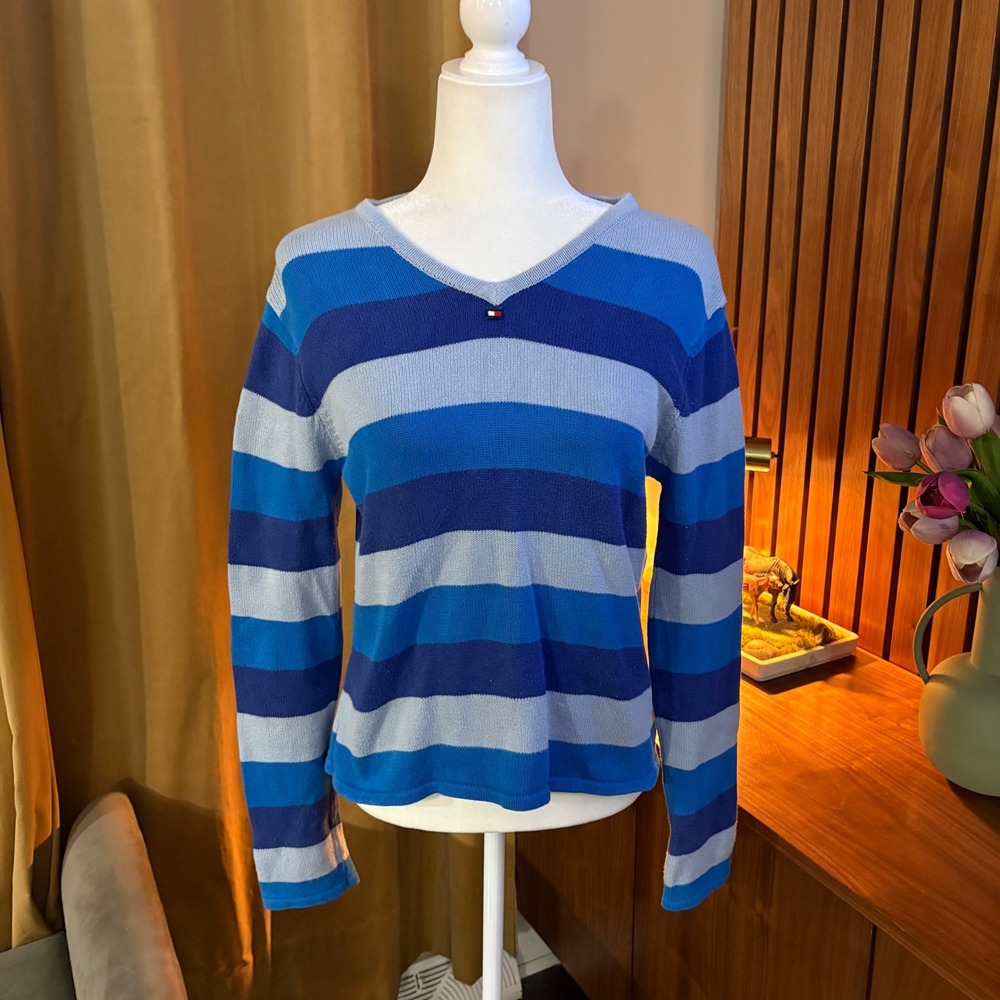 00s/Y2K Tommy Jeans Womens Blue Striped V-Neck 100% Cotton Knit Sweater Large